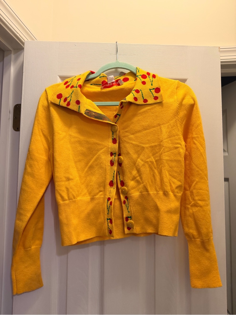 Lisa Says Gah Yellow Cherry-Embroidered Knit Cardigan